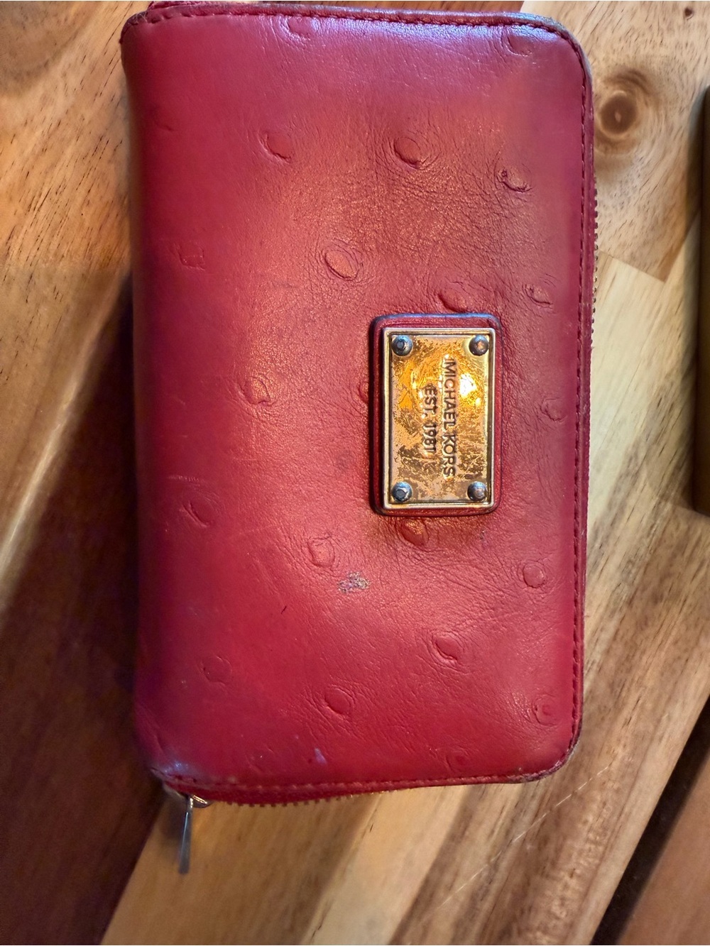 Michael Kors Vintage Red Ostrich Embossed Leather Zip Around Wallet Wristlet Y2K